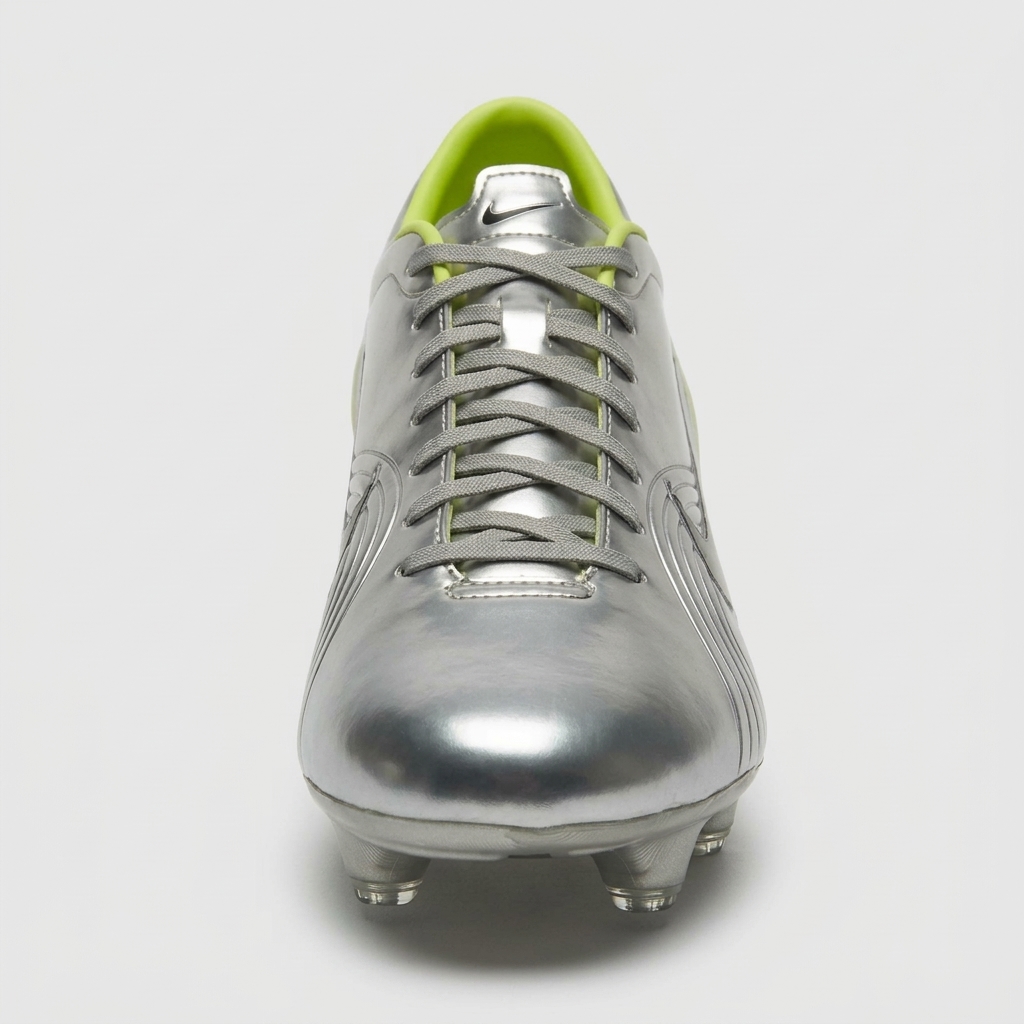 The boot from the front, its chrome toe and its laces