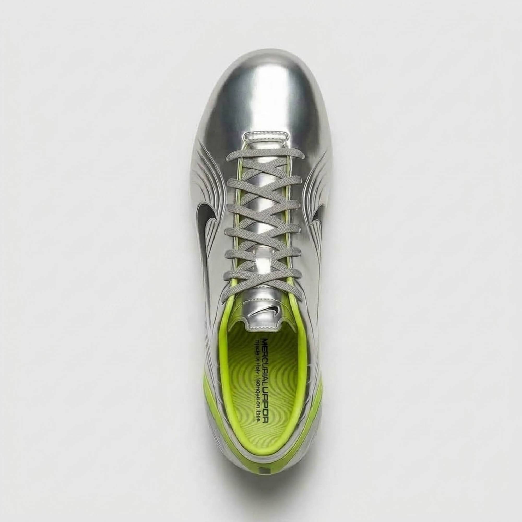 The boot from above, its laces and its lime-lined collar